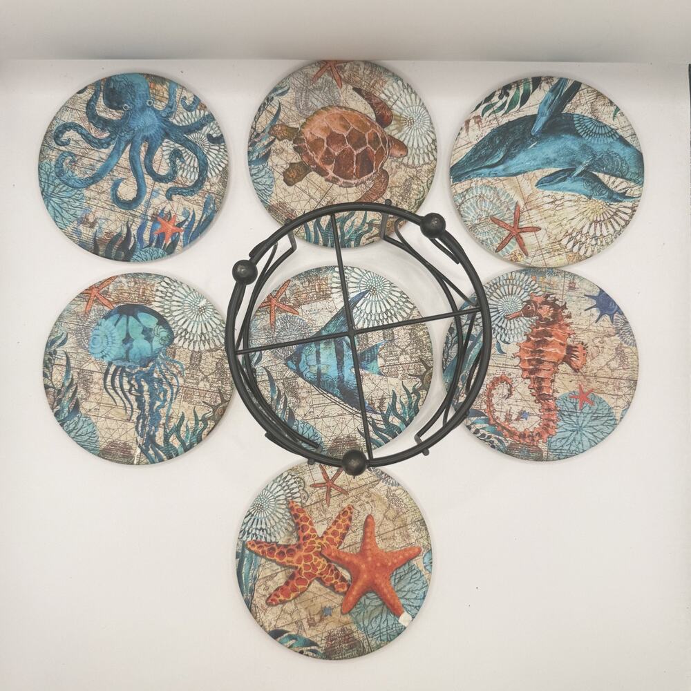 Ocean Life Coasters for Drinks Set of 7 Cork Base Ceramic Coastal Decor - Picture 6 of 9